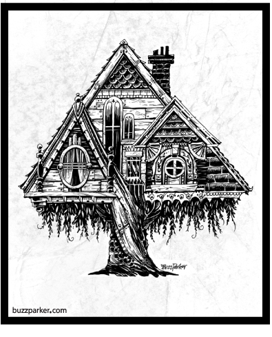 Buzz Parker Treehouse Mansion pen and ink drawings