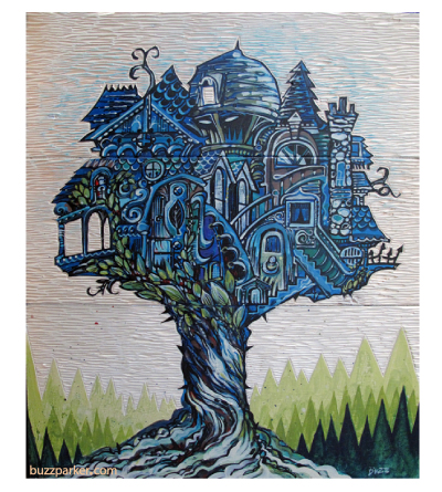 Buzz Parker Tree Mansion carved wood painting